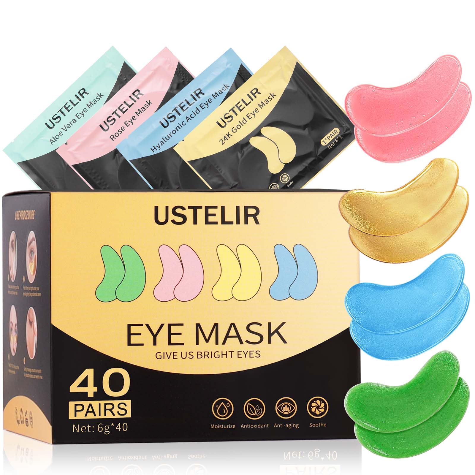 USTELIR parches ojos 24k oro para hidratación y reducción de sombras