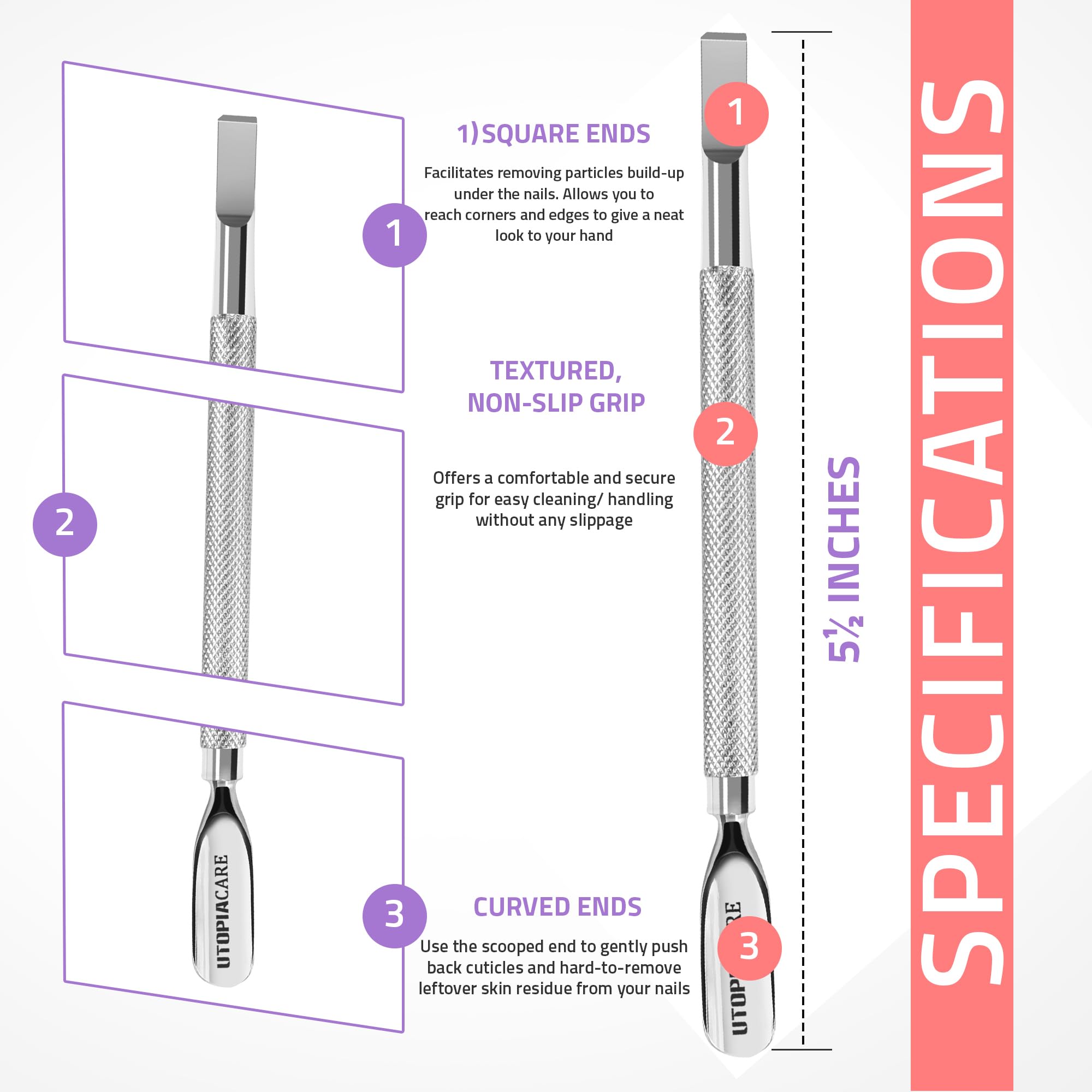 Utopia Care empujador de cutícula con extremo afilado para alcanzar rincones.