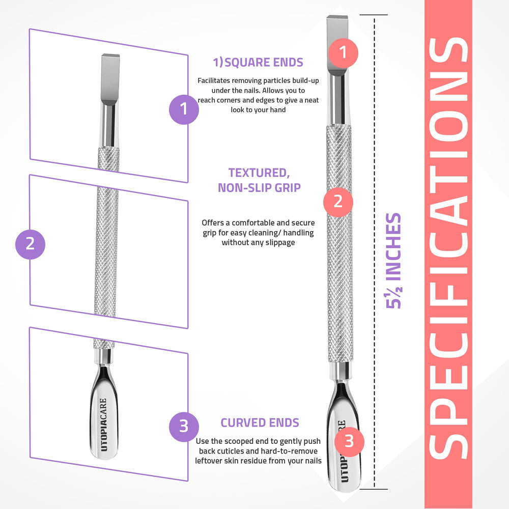 Utopia Care empujador de cutícula con extremo afilado para alcanzar rincones.