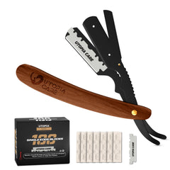 Navaja recta Utopia Care con mango de madera para afeitado preciso.