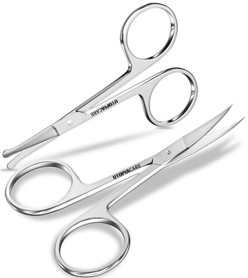 Tijeras de cejas Utopia Care 2 en 1 con filo curvo para mayor precisión.
