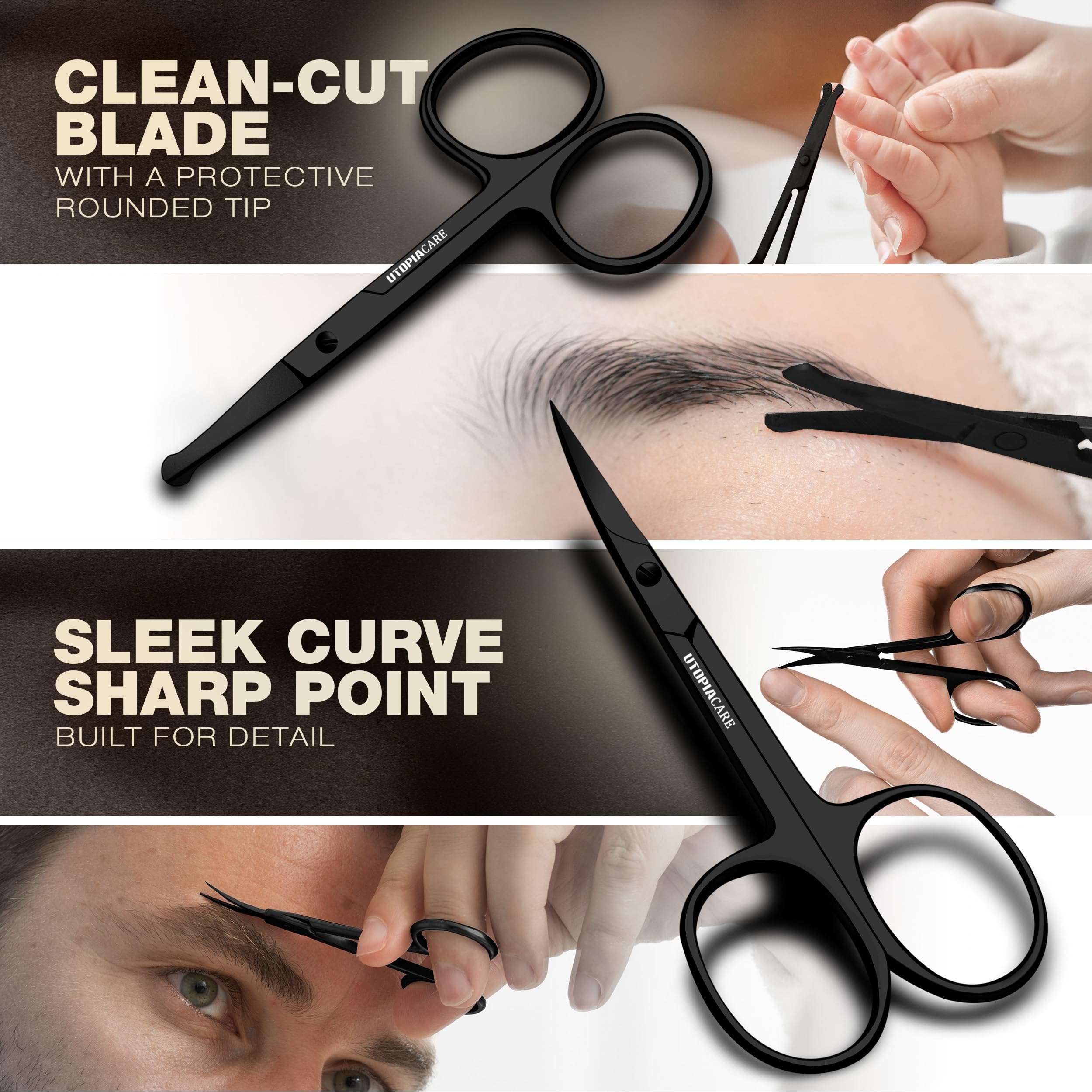 Tijeras Utopia Care con mango ergonómico, agarre estable para mayor control.