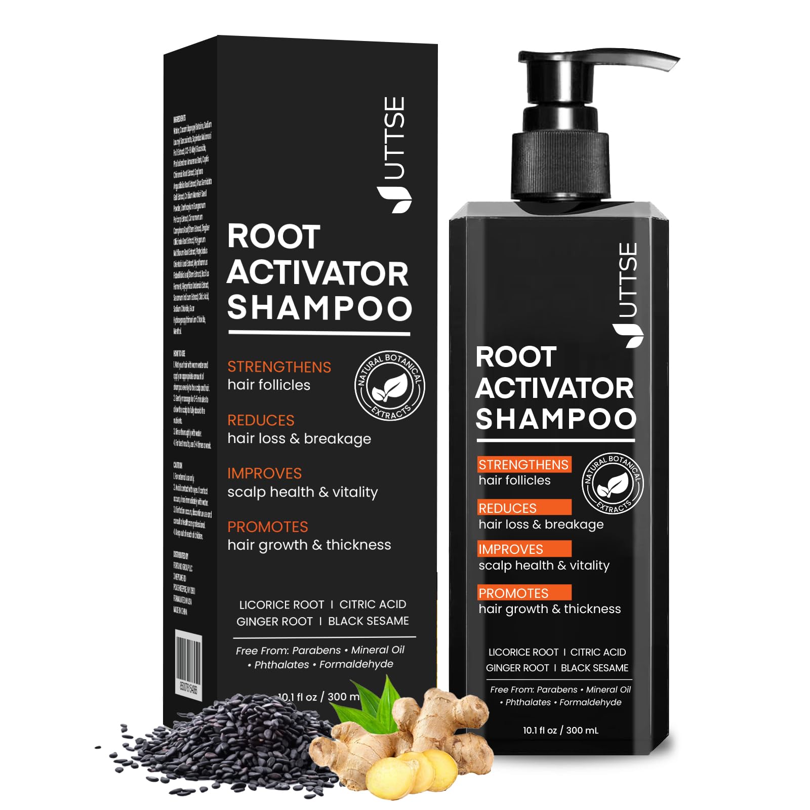 Champú Uttse Activador para hombres, botella mostrando el producto para un cabello más saludable.