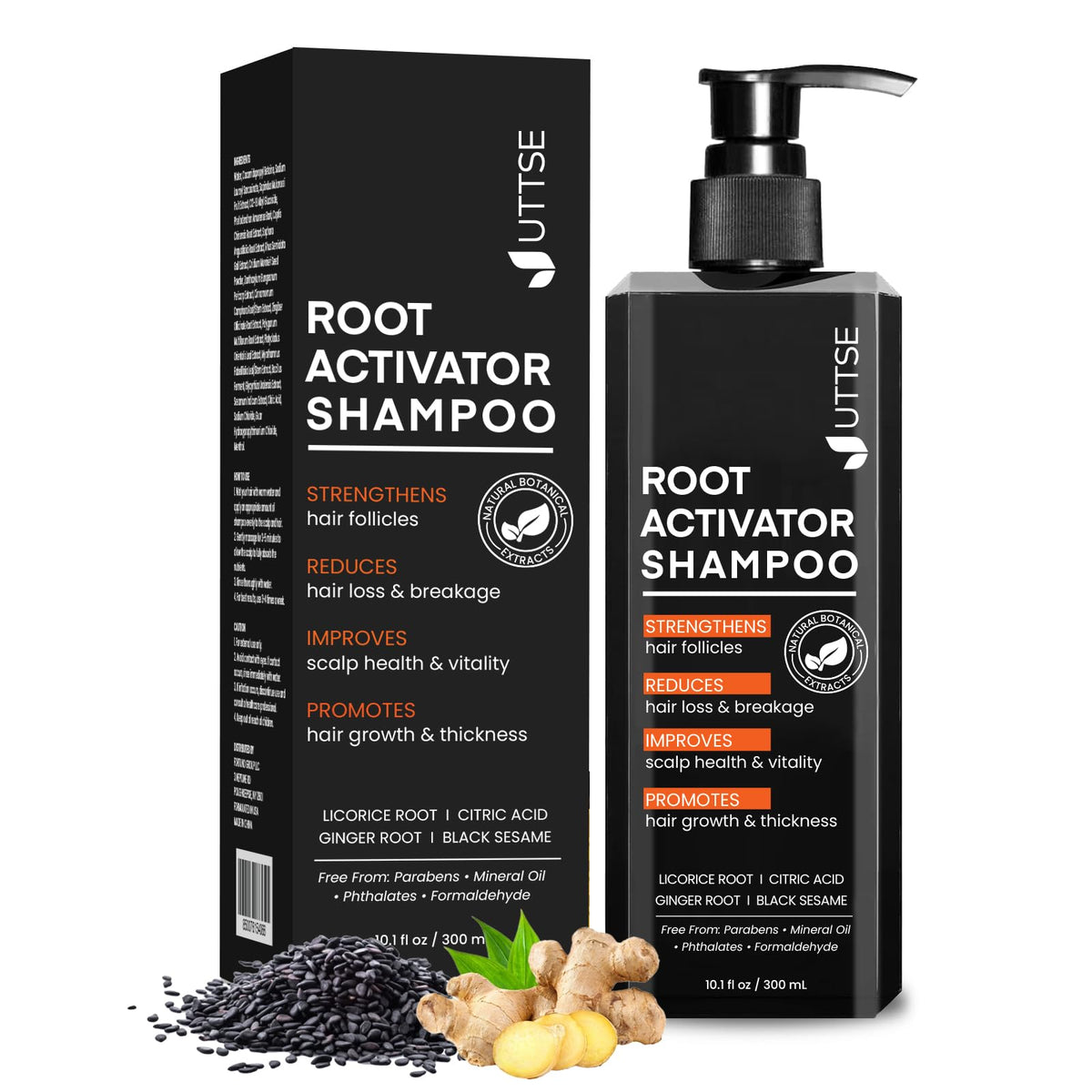 Champú Uttse Activador para hombres, botella mostrando el producto para un cabello más saludable.