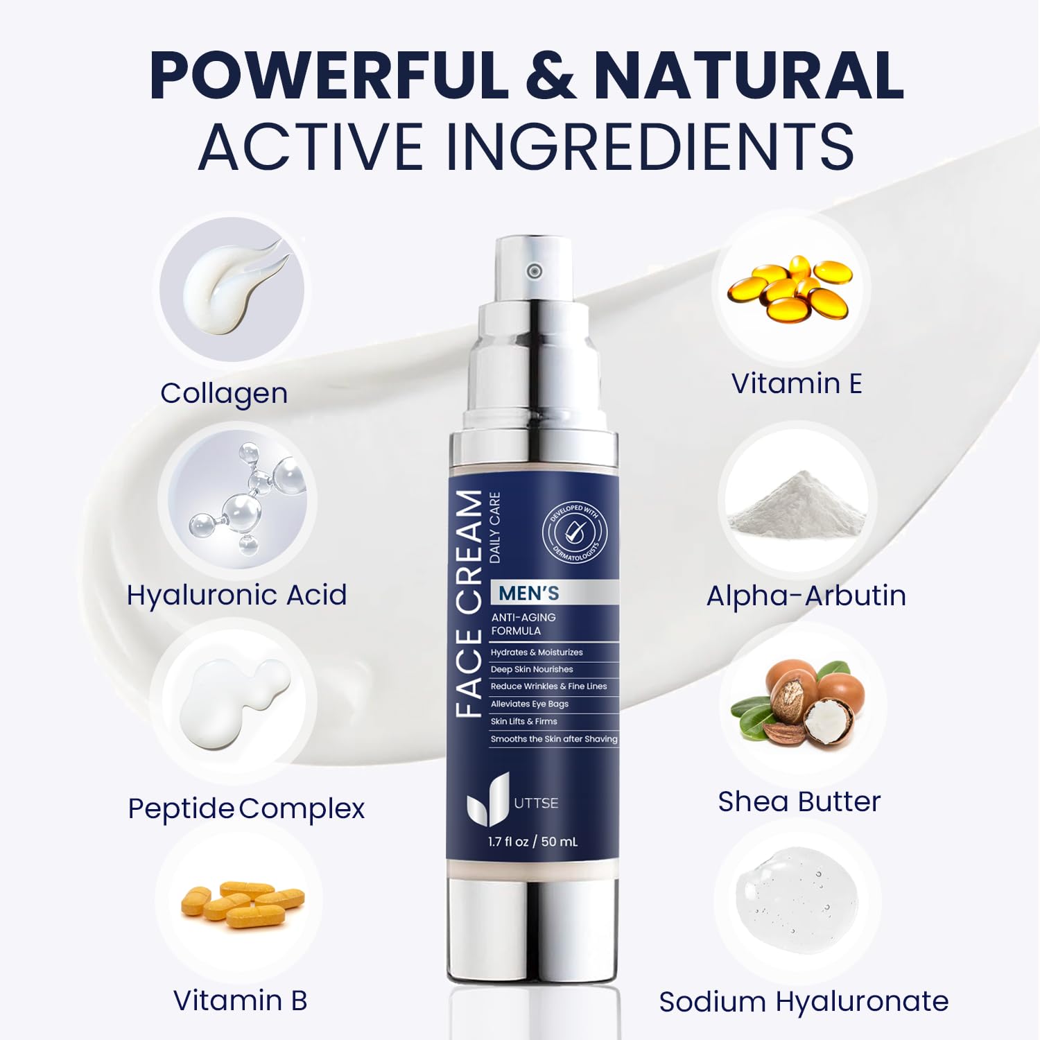 Ingredientes clave de Uttse 6 en 1: vitamina E, péptidos y colágeno