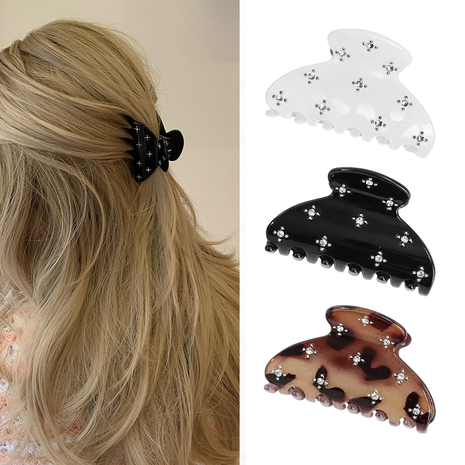 UVANKAUP pinza pelo garra mediana con cristales negro para un look diario elegante y seguro