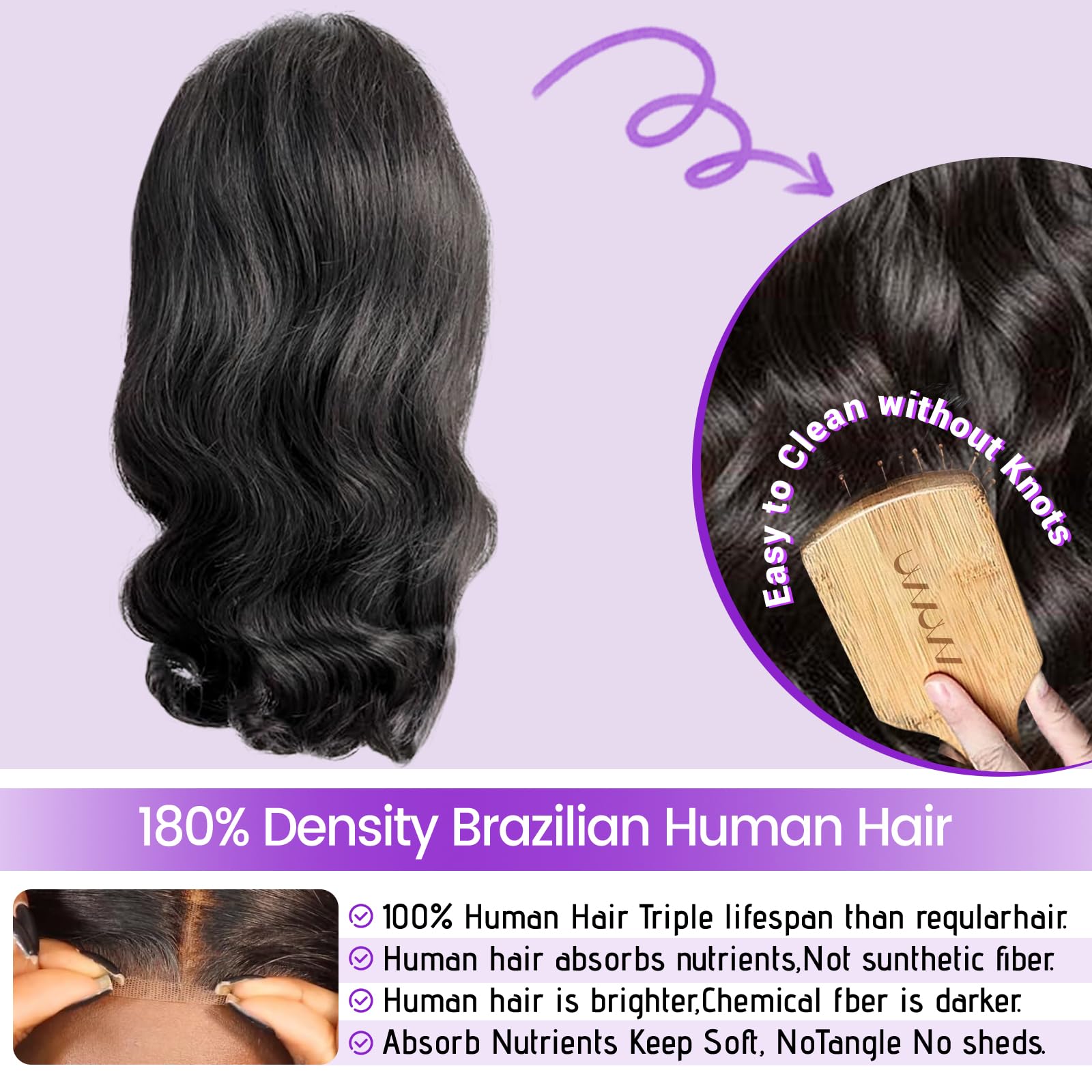 Peluca UVVUVV con lace frontal y densidad 180% para volumen suave.