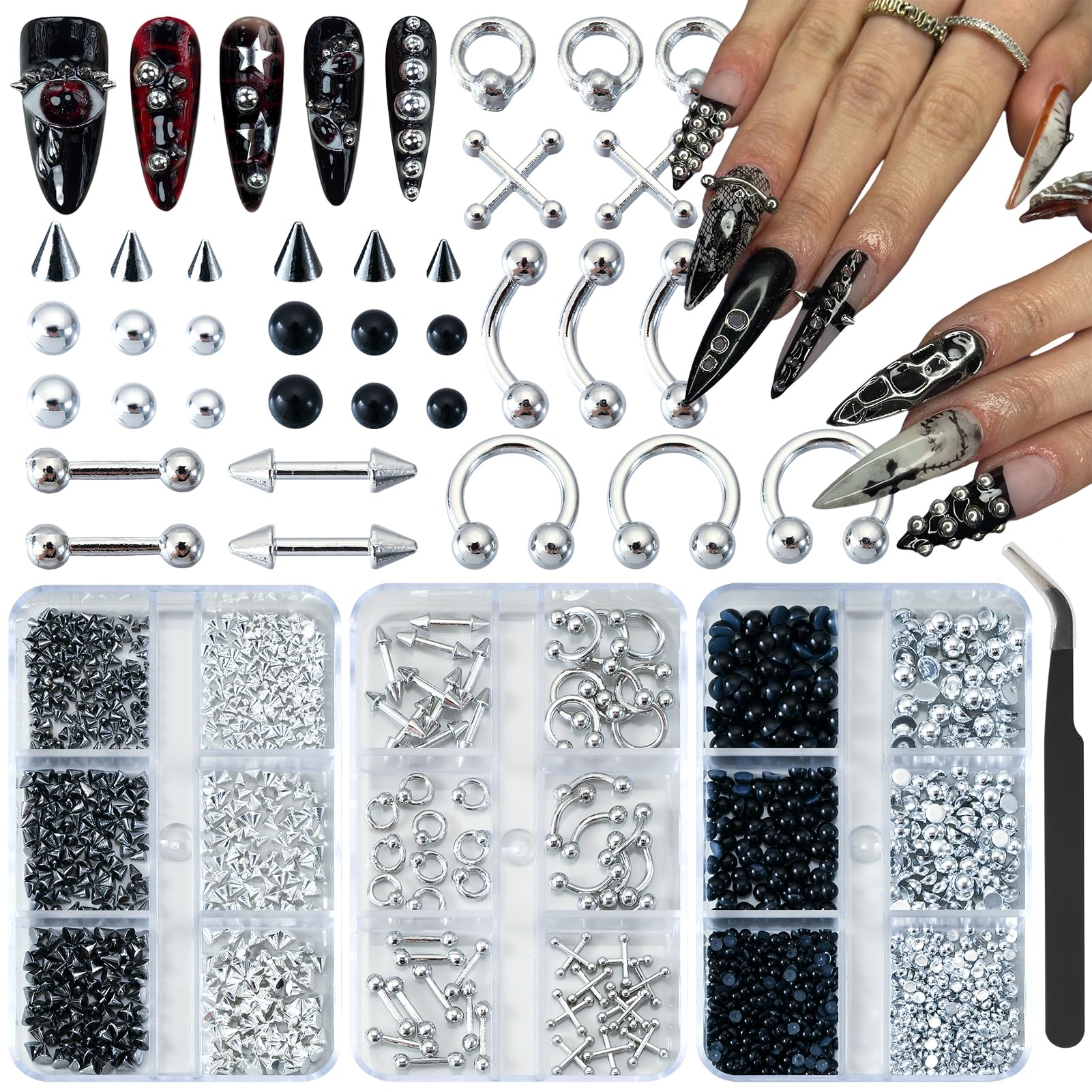Adornos UWETIME para uñas goth con puntas en negro y plata para diseño audaz