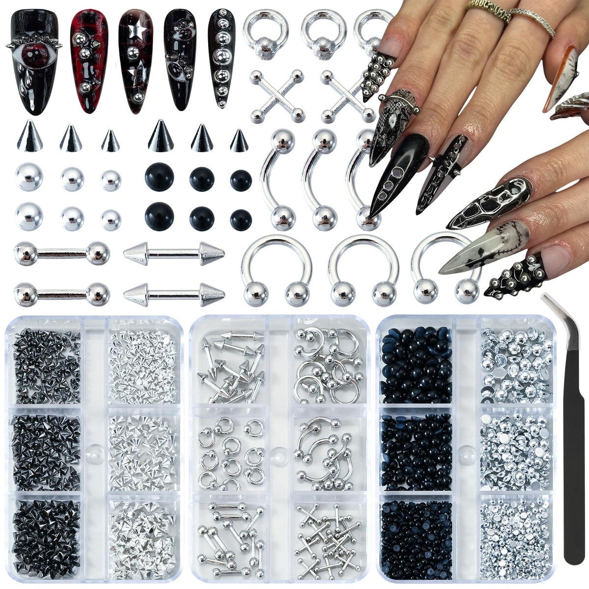 Adornos UWETIME para uñas goth con puntas en negro y plata para diseño audaz
