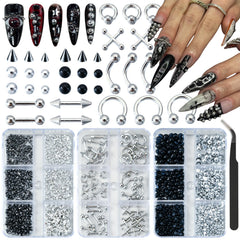 Adornos UWETIME para uñas goth con puntas en negro y plata para diseño audaz
