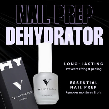 Close-up of V Beauty Pure Dehydrator drops removing oils from the nail.