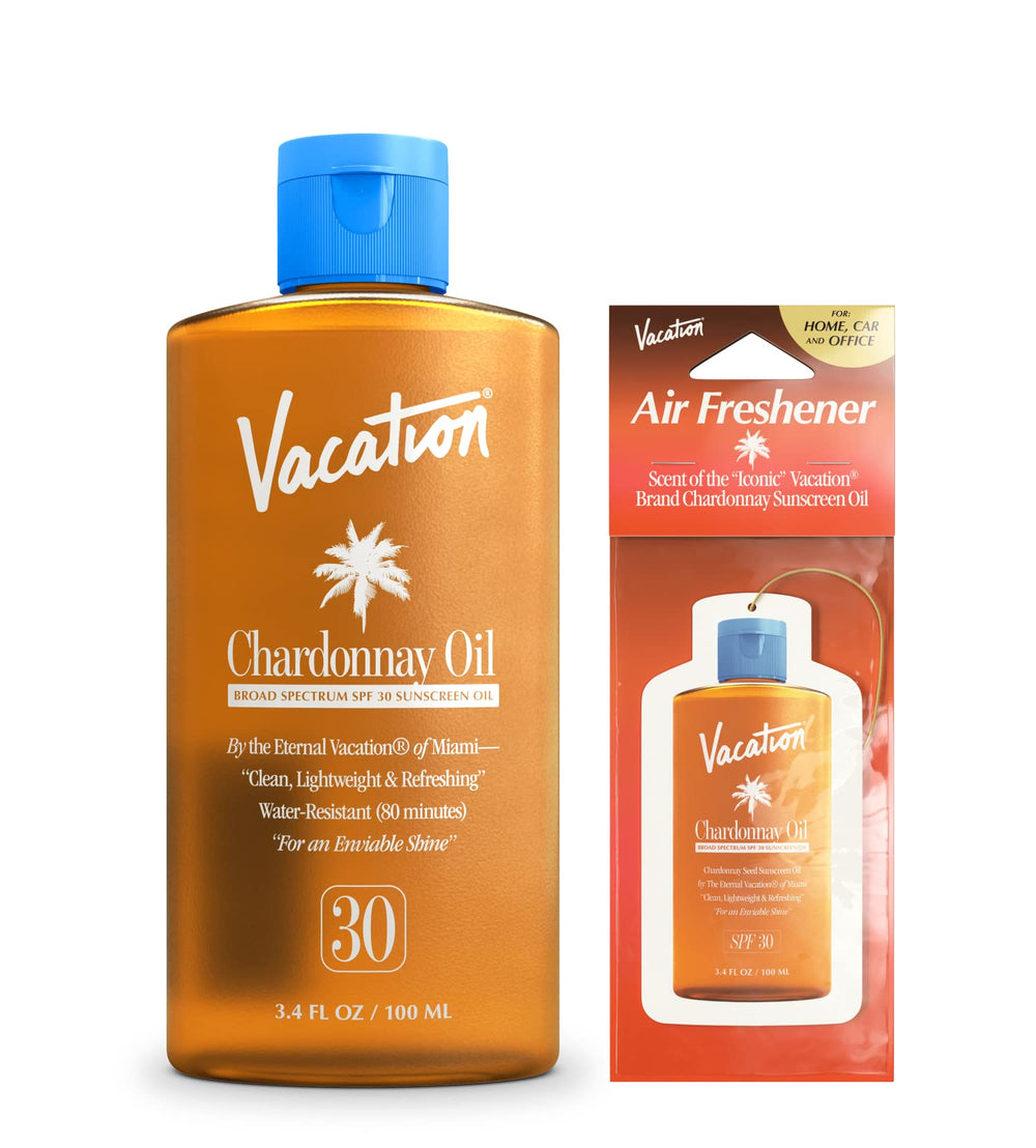 VACATION Aceite Chardonnay SPF30 botella: protección solar y brillo ligero.