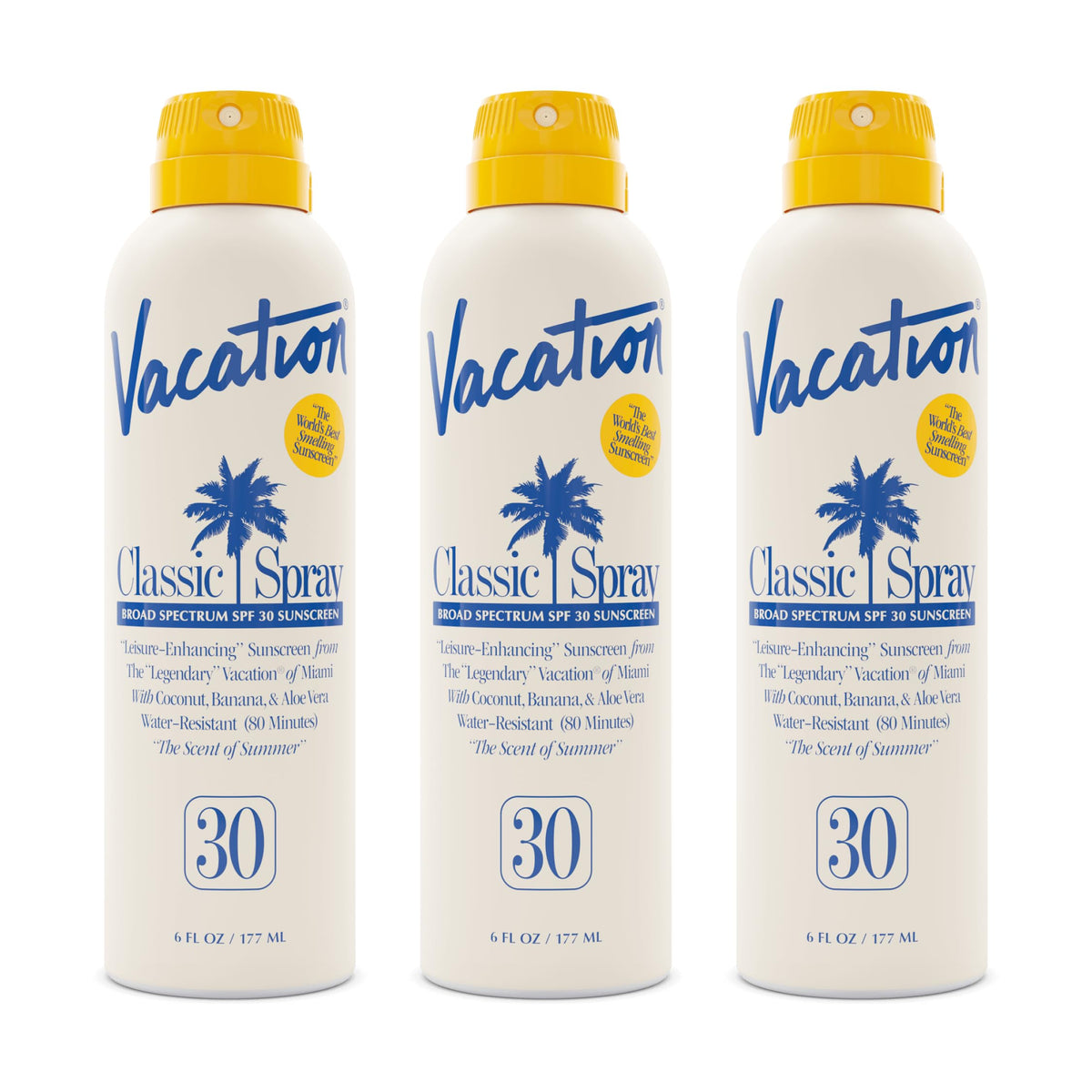 Vacation Classic Sunscreen Spray: botella lista para playa con protección SPF 30.