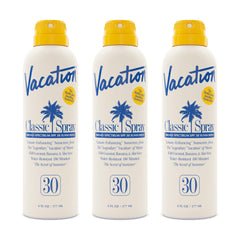 Vacation Classic Sunscreen Spray: botella lista para playa con protección SPF 30.