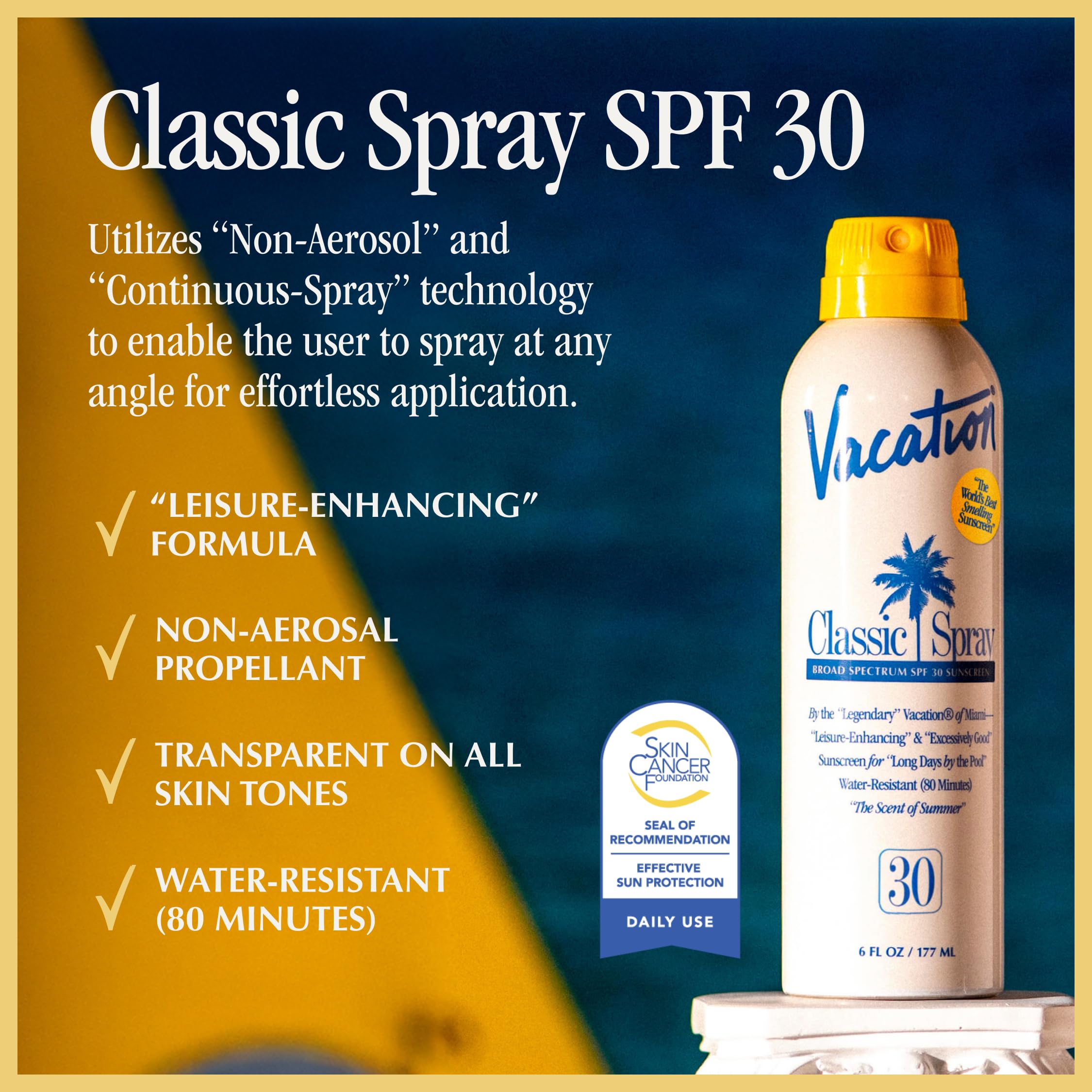 Vacation Classic Sunscreen Spray: notas de fragancia tropical para días de playa.
