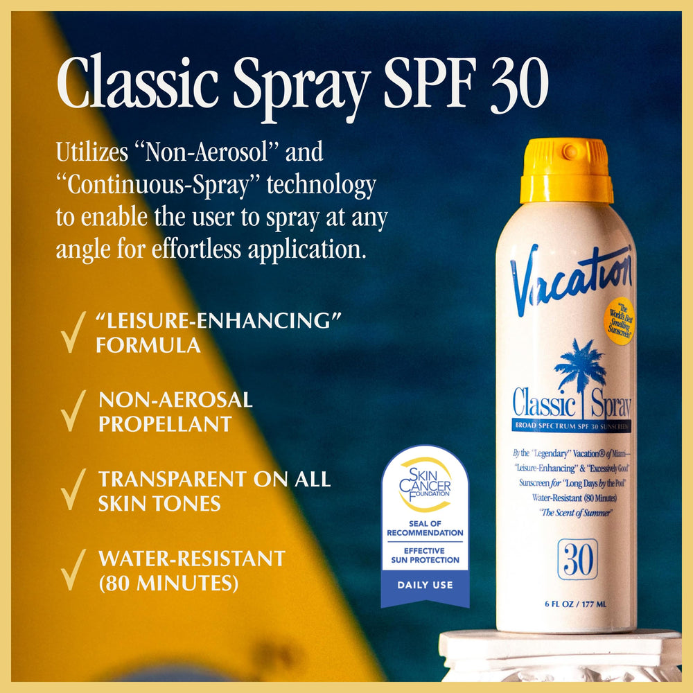 Vacation Classic Sunscreen Spray: notas de fragancia tropical para días de playa.