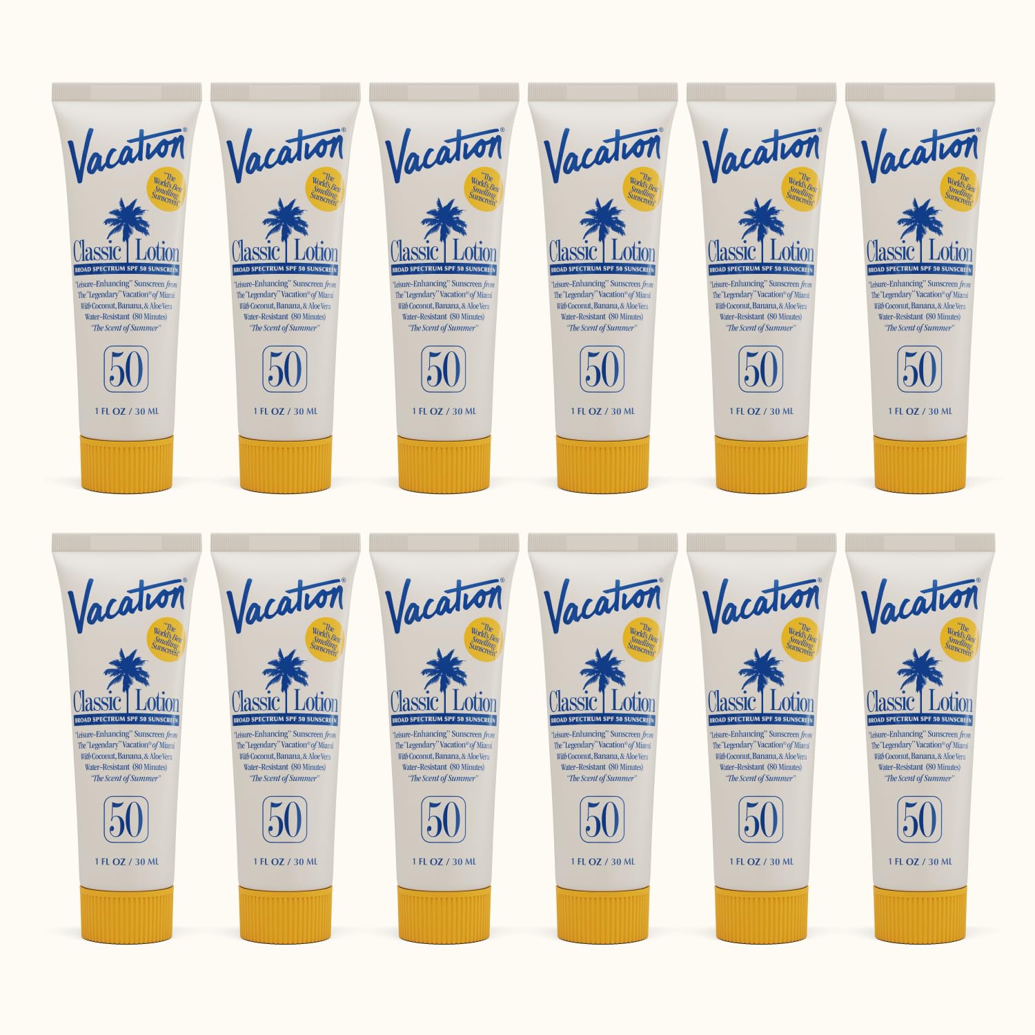 VACATION Mini Locion Clasica SPF50 en envase de 1 onza, ideal para viajes y playa.