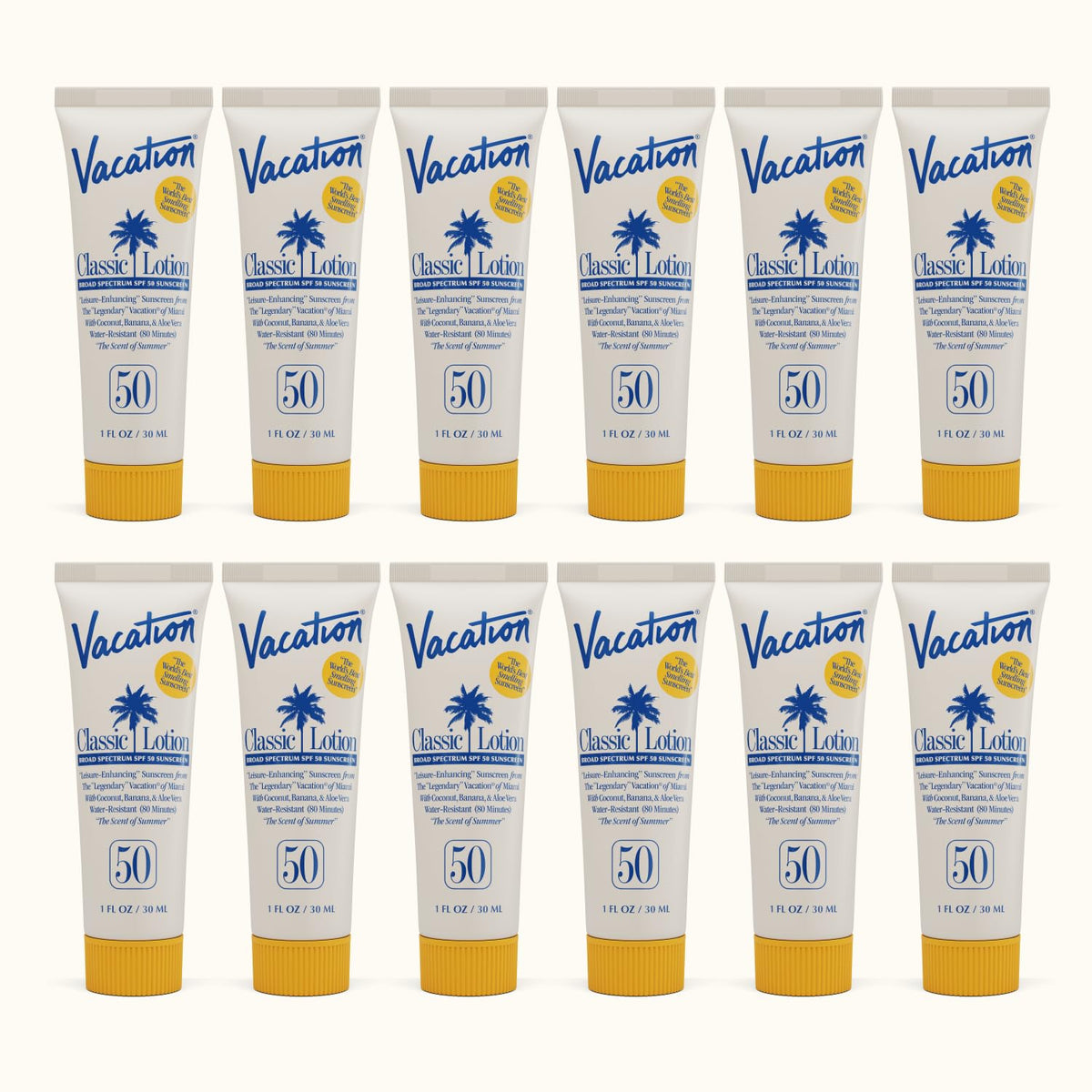 VACATION Mini Locion Clasica SPF50 en envase de 1 onza, ideal para viajes y playa.