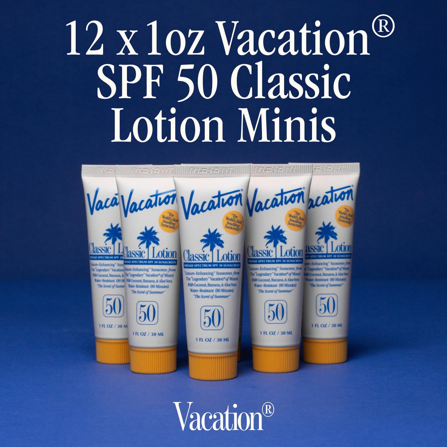 VACATION Mini Locion Clasica SPF50 incluye 12 muestras para viajar y fiestas.