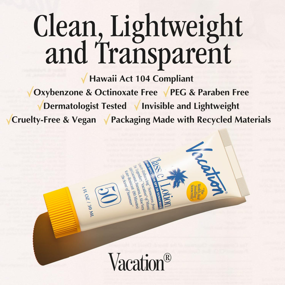 VACATION Proteccion de amplio espectro SPF50 con resistencia al agua para la playa.