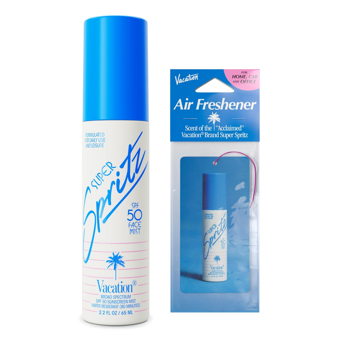 VACATION Super Spritz bruma facial SPF50 para protección diaria ligera.