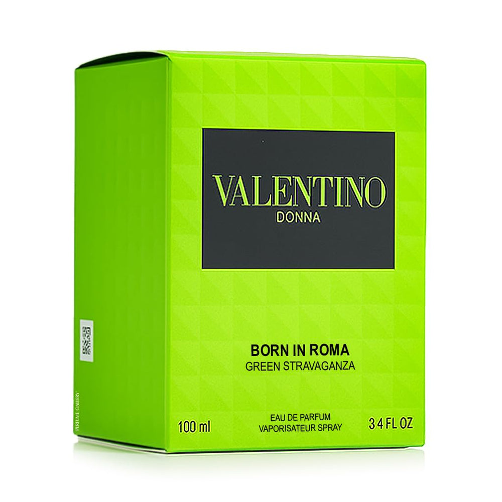 Valentino Donna Born In Roma Green Stravaganza, detalle del envase y su diseño sofisticado.