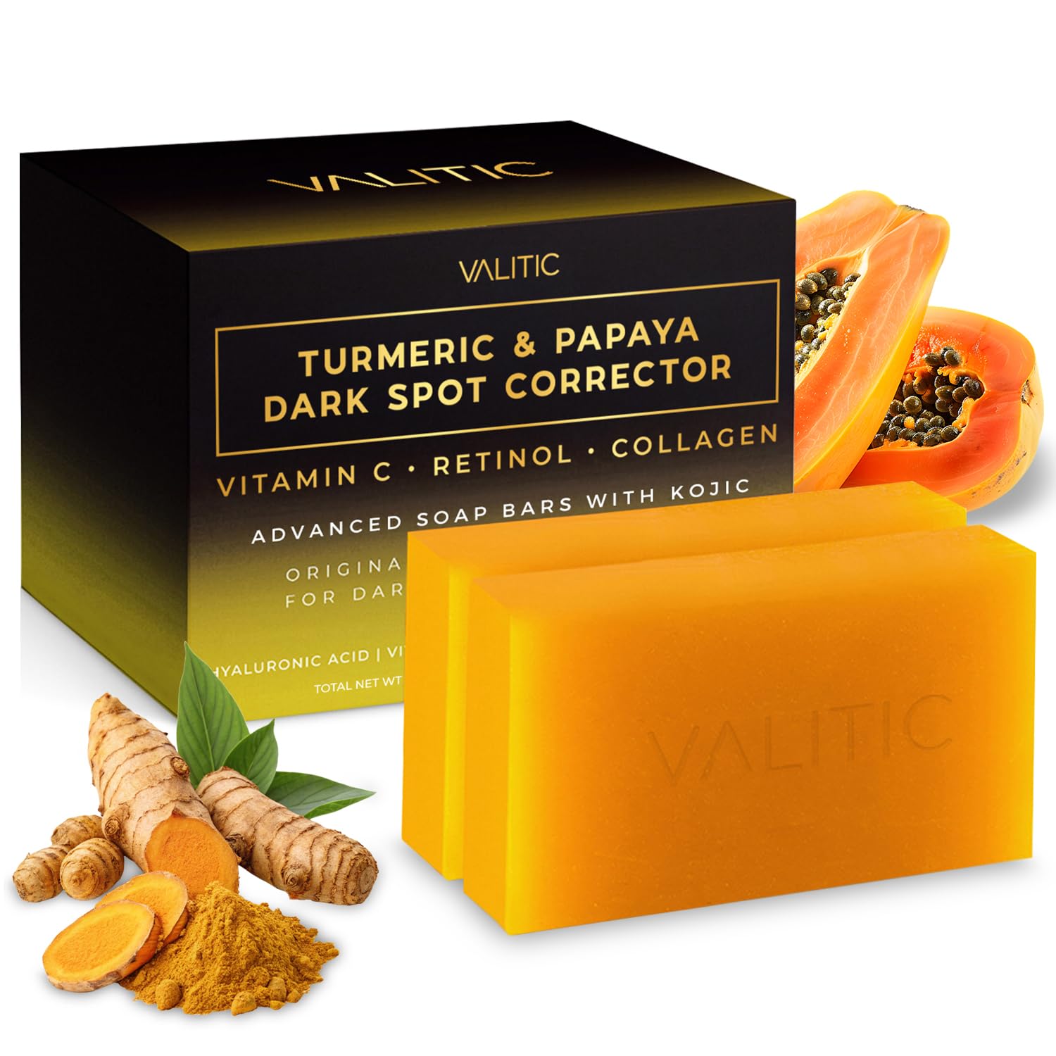 VALITIC Jabon Papaya Cúrcuma Ácido Kojico, barra iluminadora para tono uniforme.
