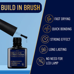Valitic quick-dry brush-on glue applied to nails for fast, clean bonding.