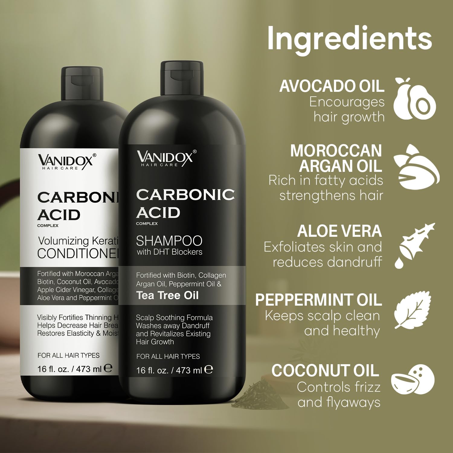 Huile d'argan, coco et avocat dans le flacon VANIDOX pour nourrir les longueurs.