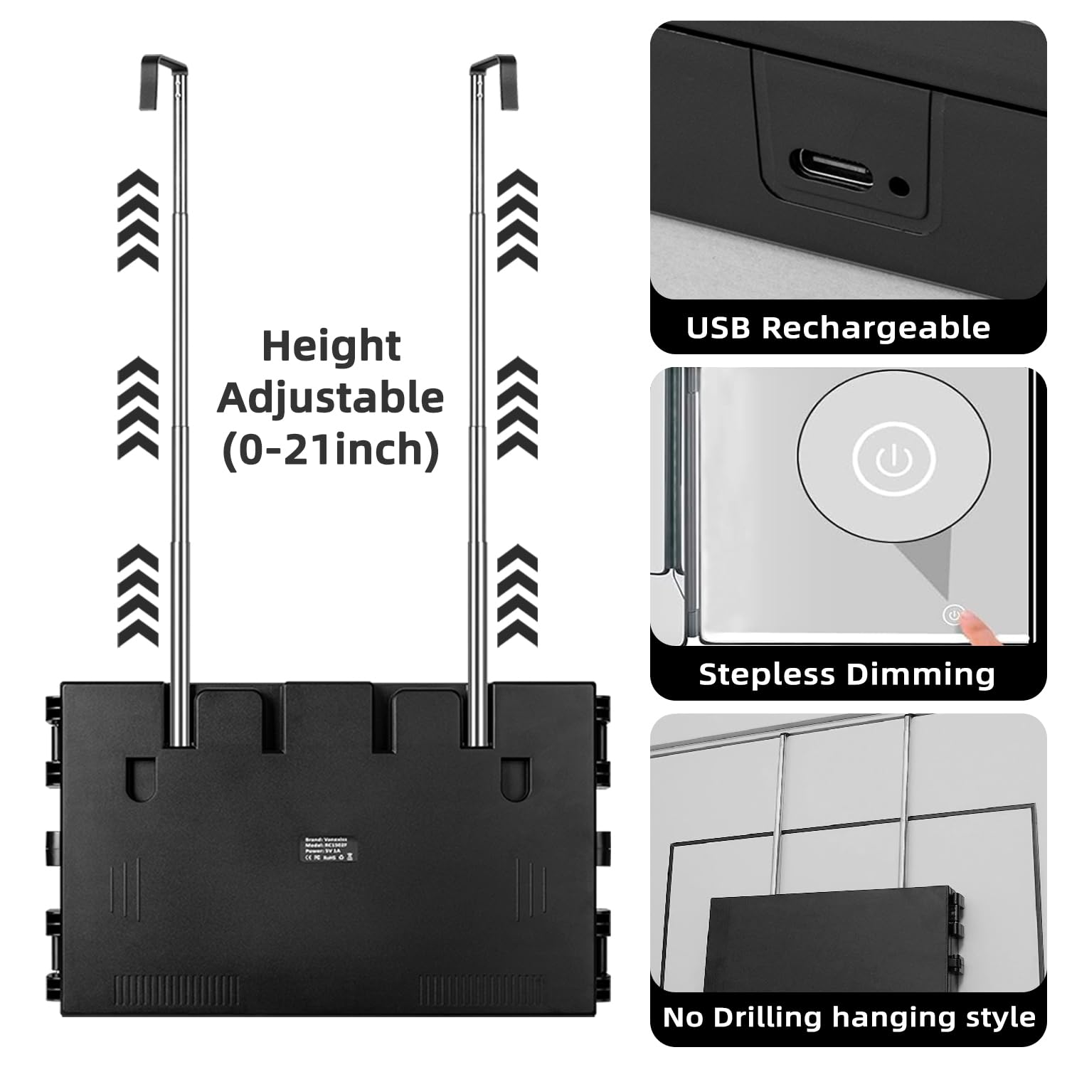 Vanexiss Espejo triple-panel ganchos telescópicos para maquillaje y afeitado