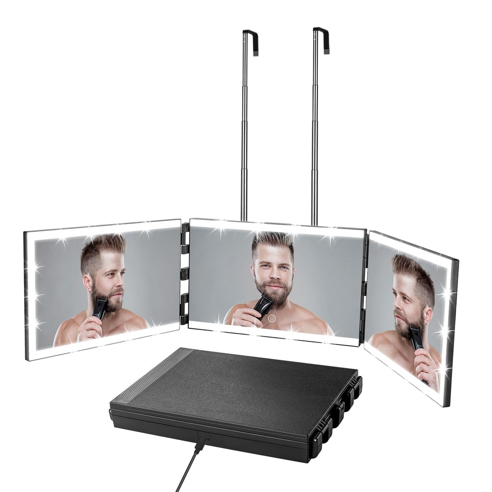 Vanexiss Espejo triple-panel con luces 360 para ver cada detalle al cortar el pelo