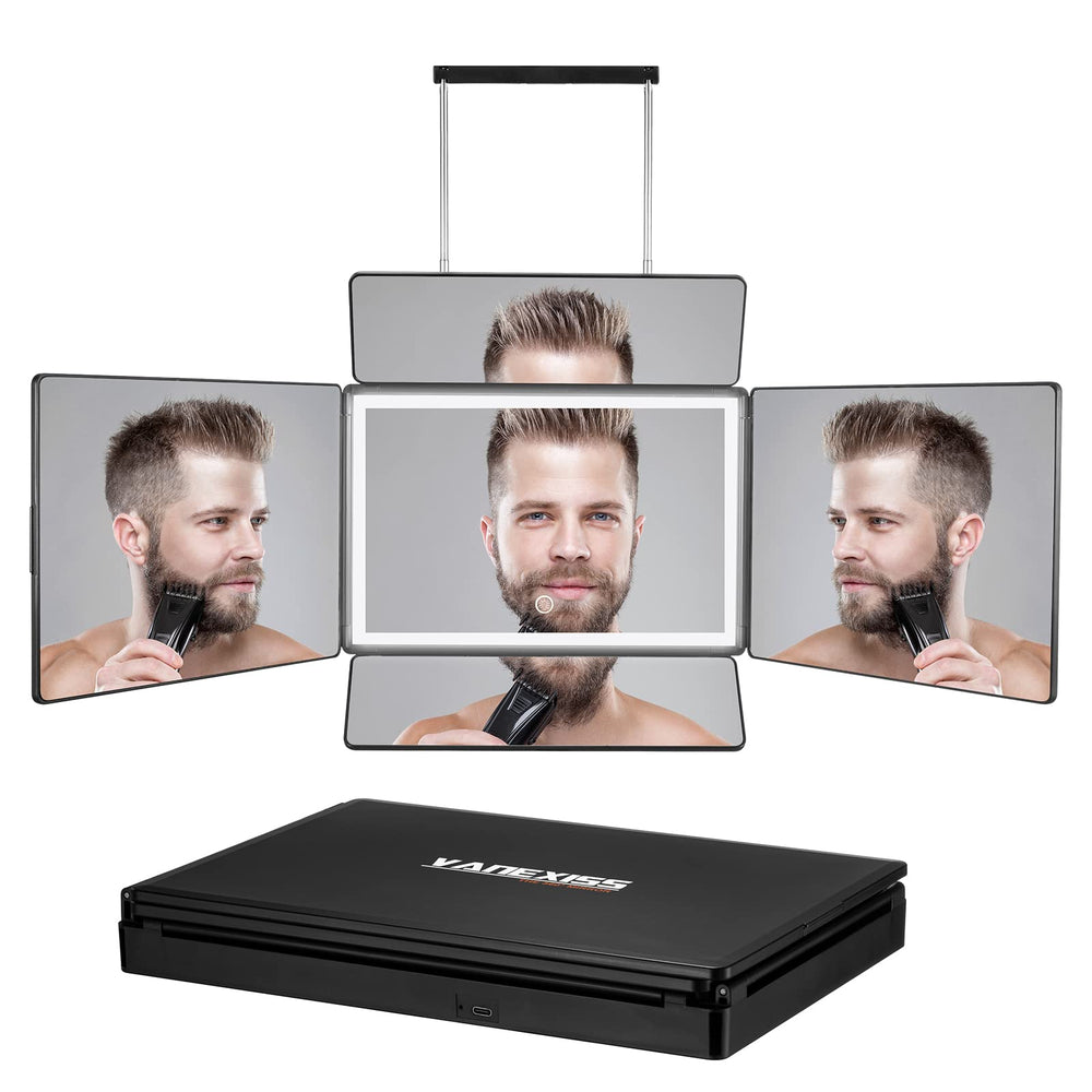 Miroir Vanexiss tri-pliant avec lumière LED pour une coupe précise.