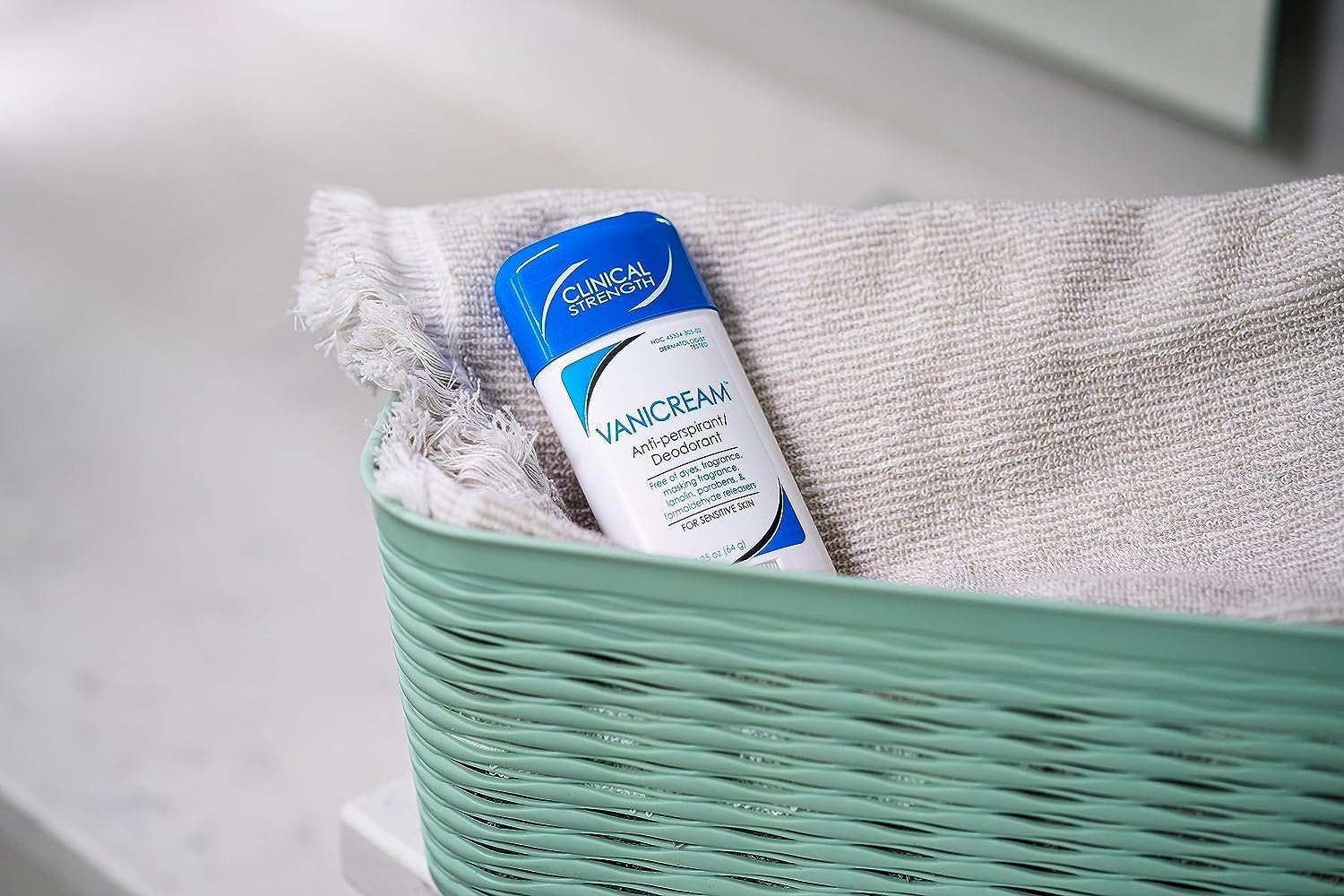 Closeup of Vanicream anti-perspirant bottle highlighting clinical strength protection.