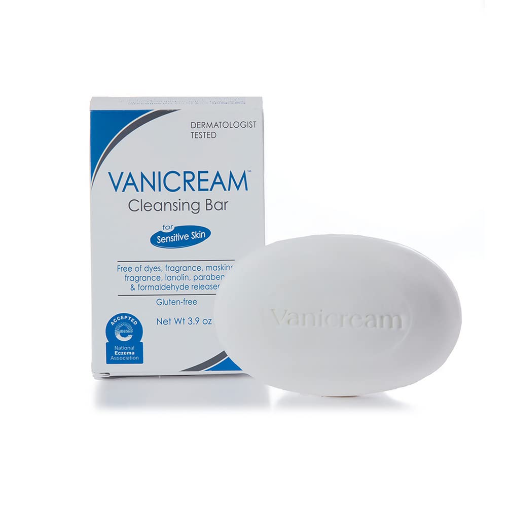 Vanicream barra limpiadora sin fragancia para piel sensible, deja sensación suave.