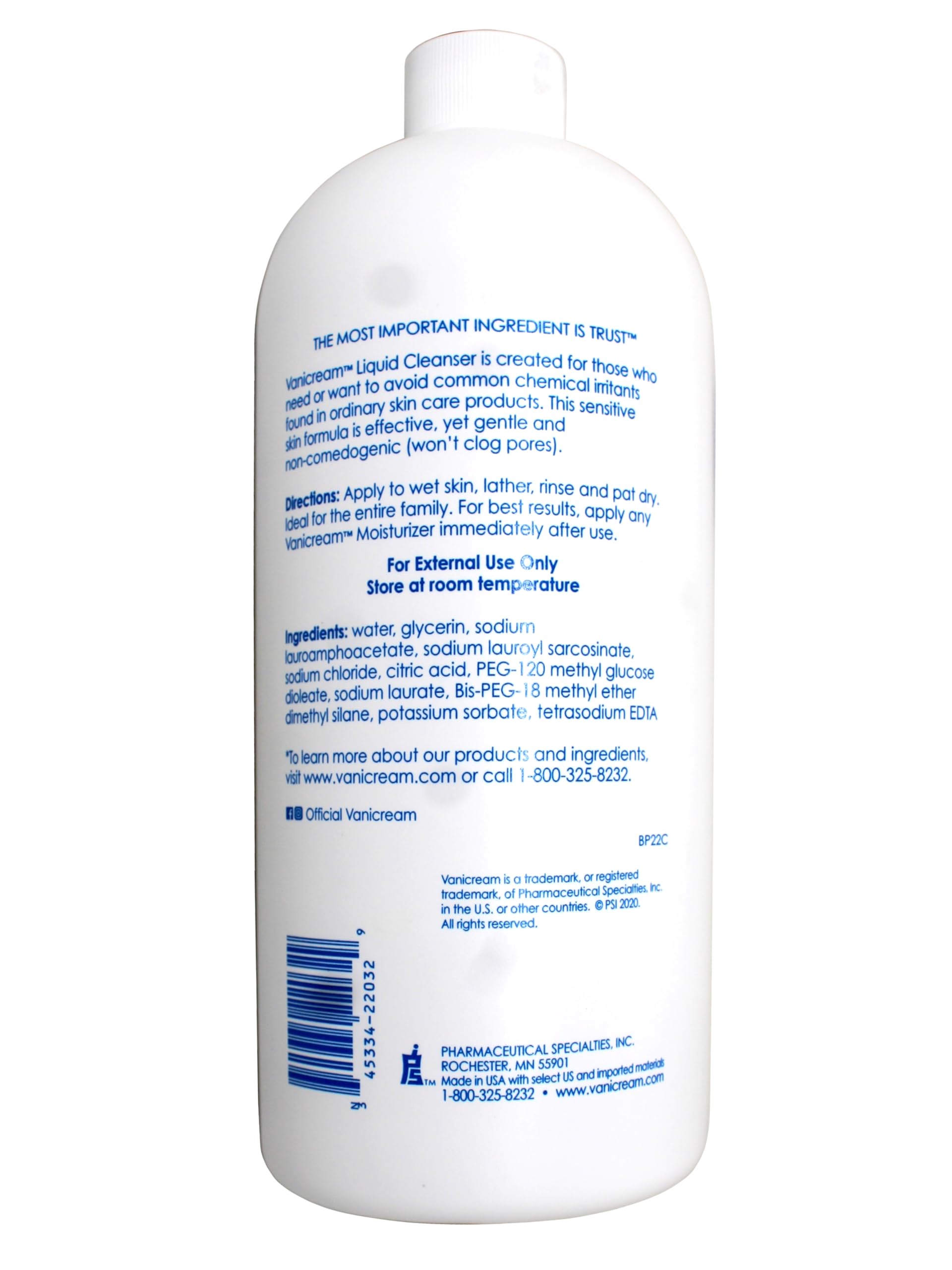 Vanicream Nettoyant Liquide—étiquette claire et informative pour un choix sûr.