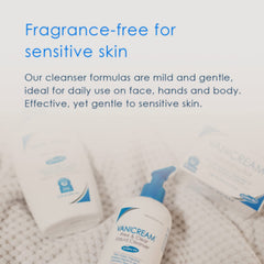 Hands applying Vanicream cleanser showing gentle, daily use on skin.