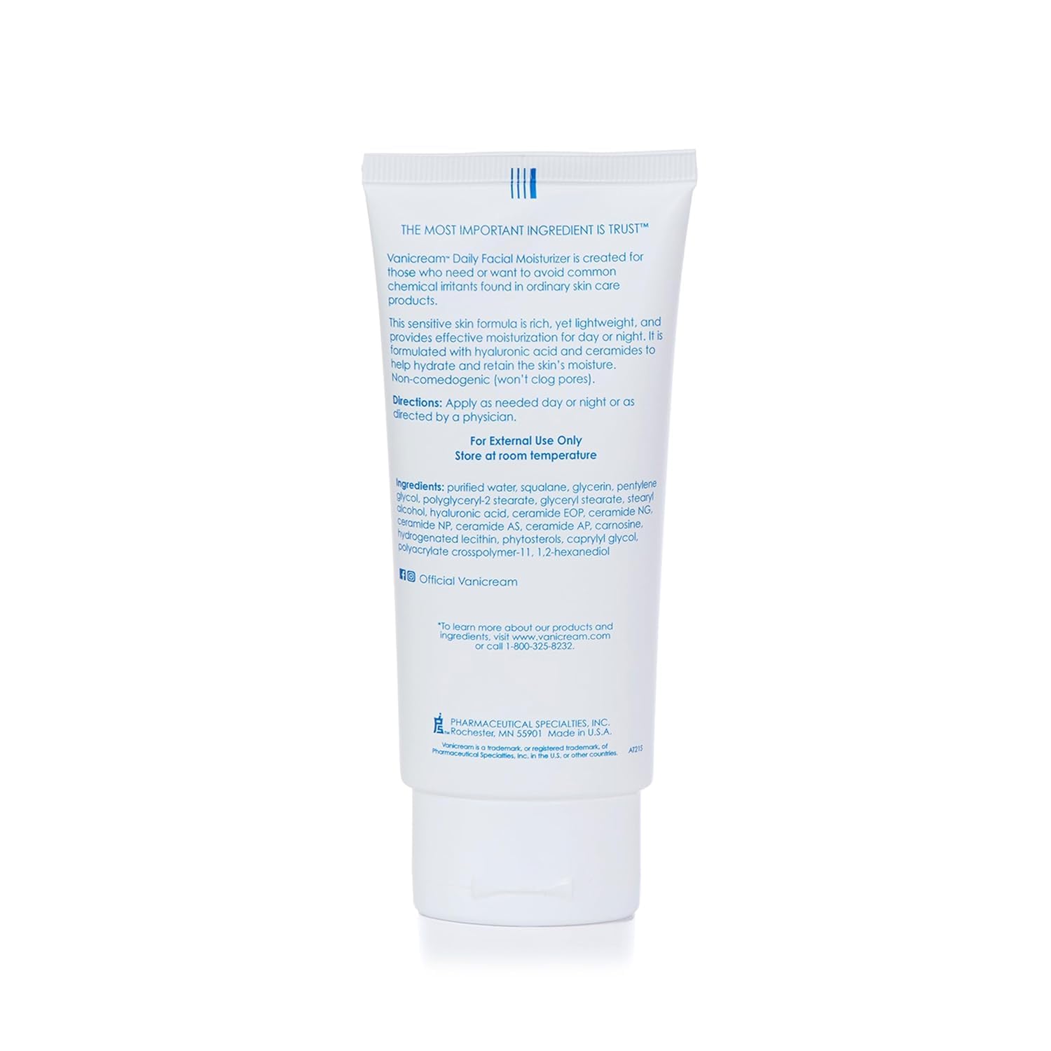 Vanicream con ceramidas y ácido hialurónico, textura ligera para uso diario.