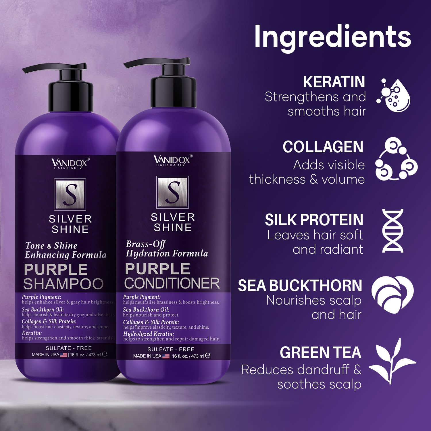 VanidoX purple conditioner bottle front supports moisture and manageability