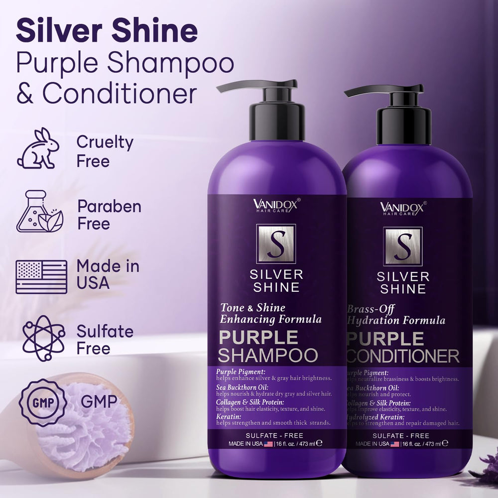 VanidoX purple shampoo bottle pour ready-to-apply moment for brass neutralization