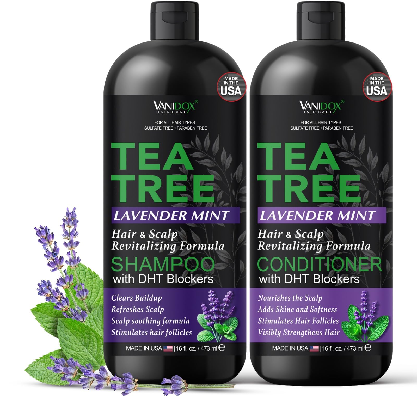 Shampoing Vanidox arbre à thé, flacon lavande et menthe apaise le cuir chevelu irrité