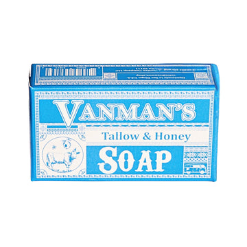 The VanMan Company packaging shows fragrance-free beef tallow honey soap for sensitive skin.