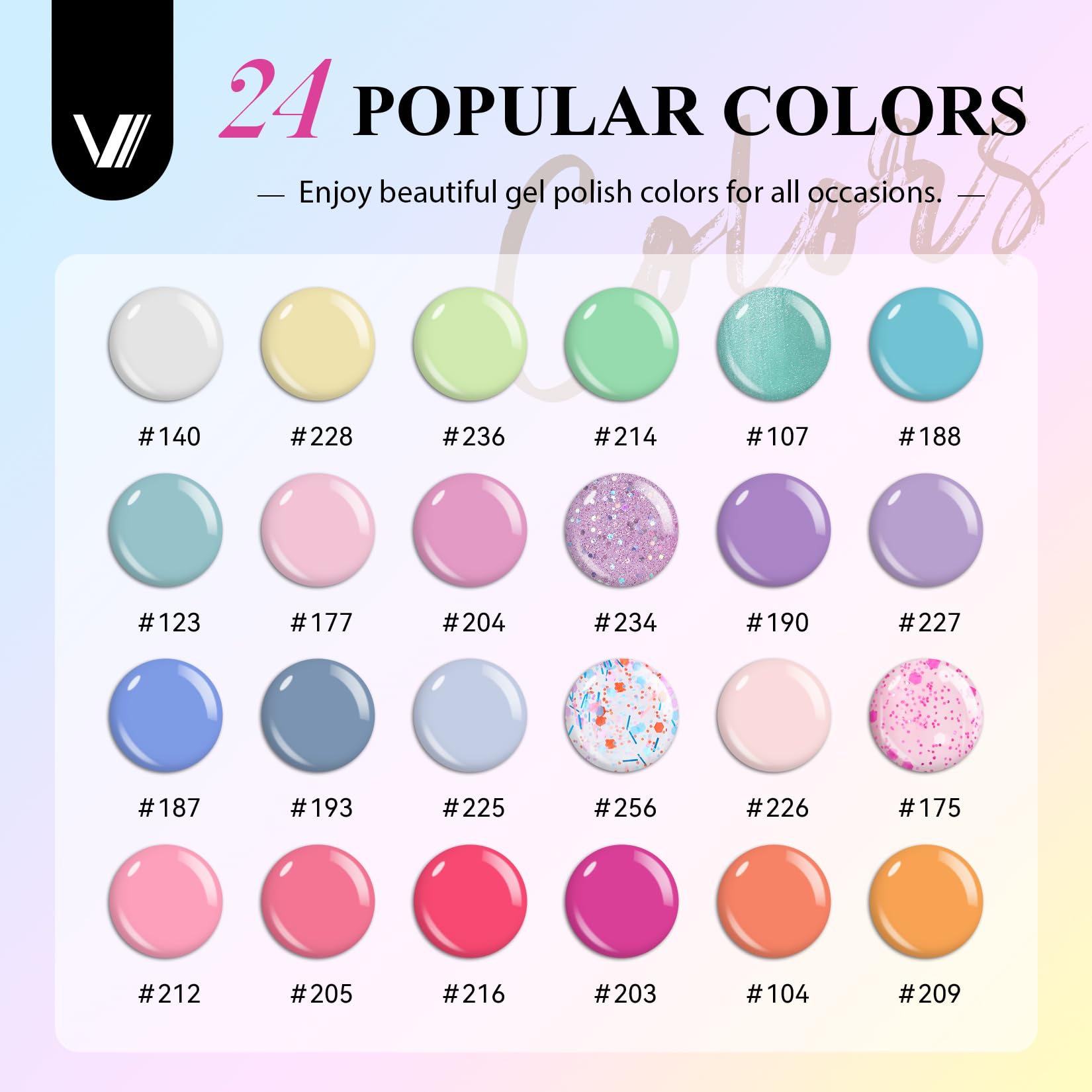 Esmaltes gel VANREESA en 24 colores para manicura duradera.