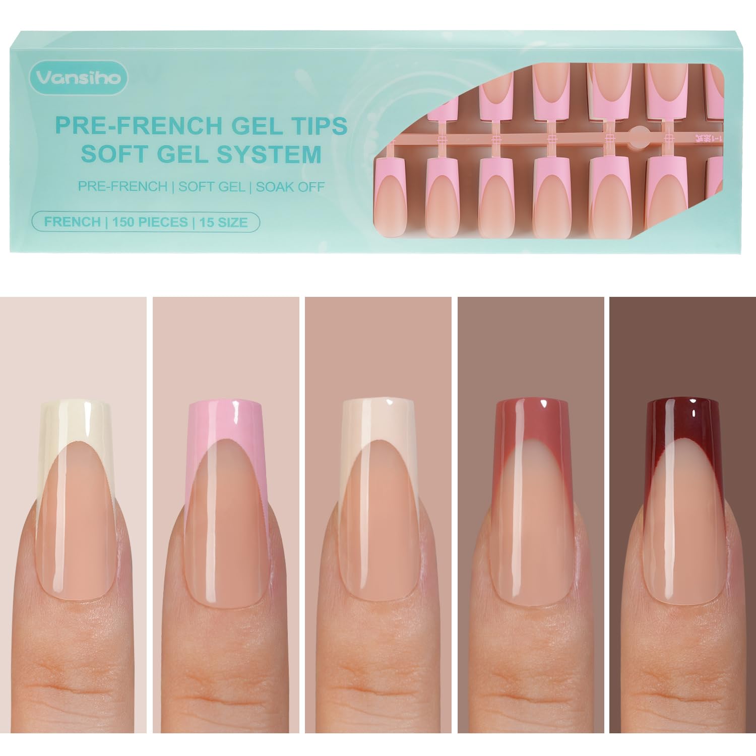 Tip gel français Vansiho carré 150pc, adhésion rapide pour ongles faits maison.