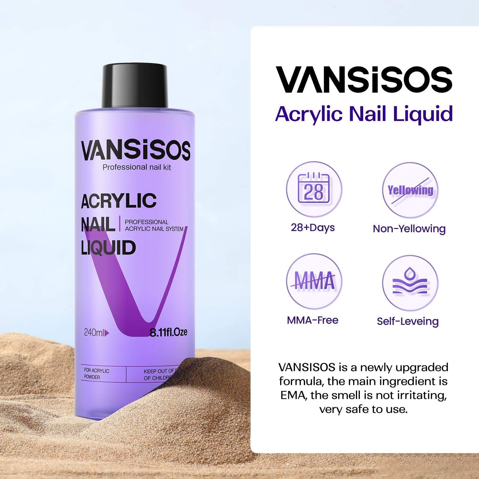 VANSISOS crystal-clear acrylic liquid demonstrates non-yellowing performance for lasting nails.