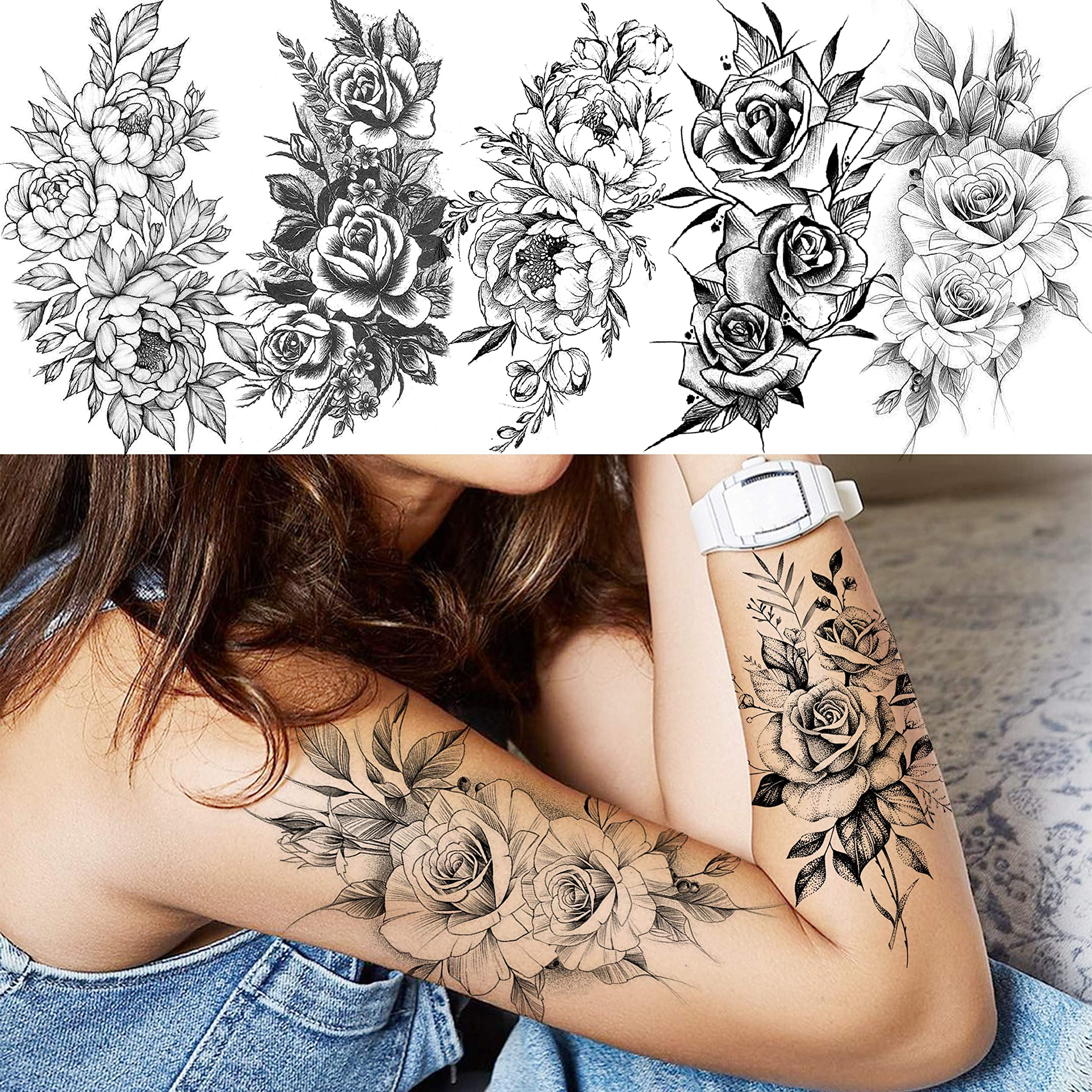 VANTATY tatuaje temporal para mujer, arte corporal floral, fácil de aplicar.