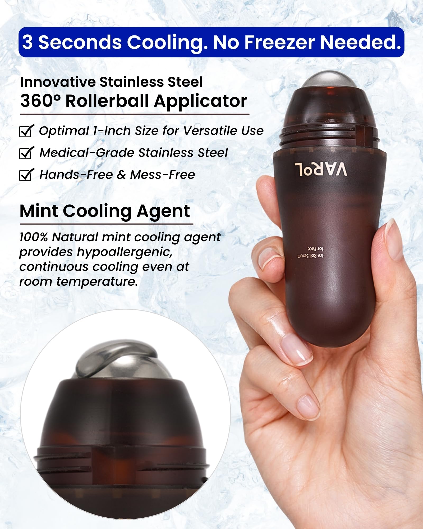 VAROL Ice Roll Serum: aplicación en zona de ojos para mayor circulación