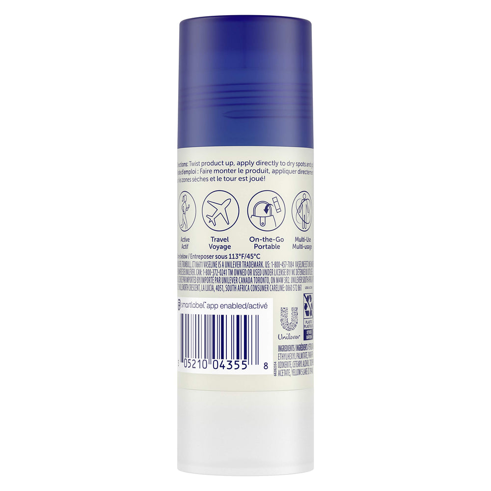 Vaseline balm-stick applied to hands for quick, mess-free moisture.