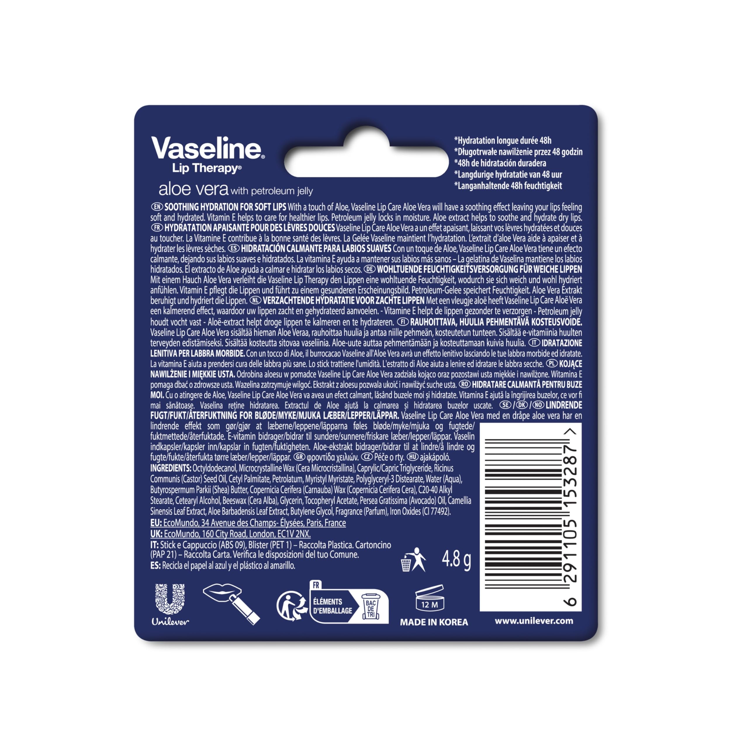 Balsamo labial Vaseline aloe vera, textura ligera para uso diario