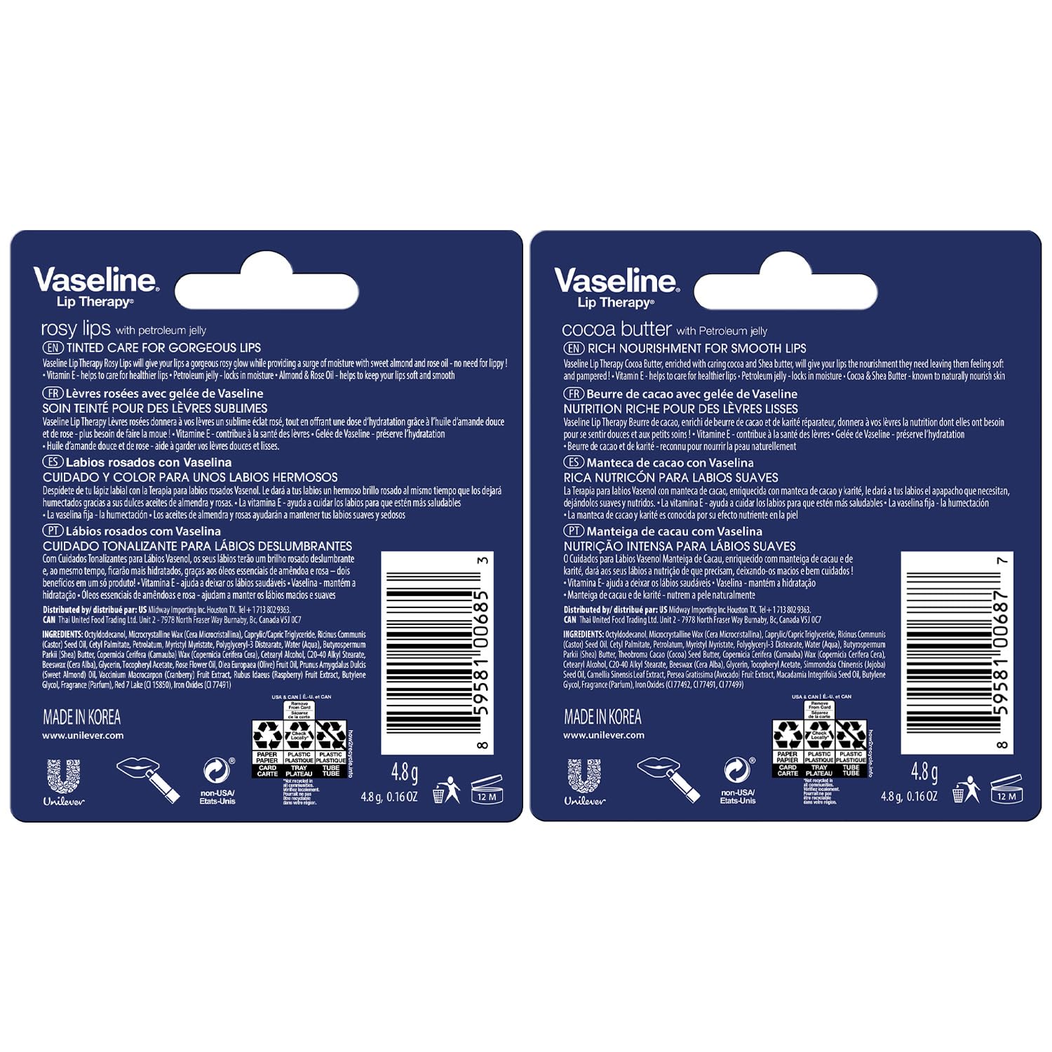 Bálsamo labial Vaseline manteca de cacao en barra ofrece hidratación duradera.
