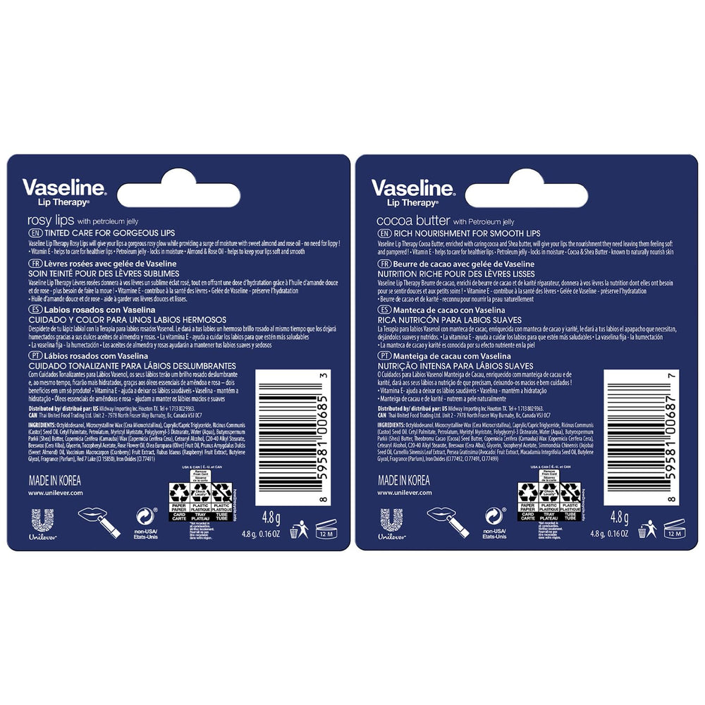 Bálsamo labial Vaseline manteca de cacao en barra ofrece hidratación duradera.